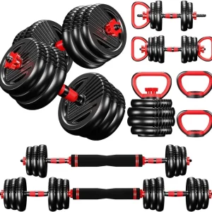 4-in-1 Adjustable Weight Dumbbell Set - Premium Home Gym Equipment with Dumbbell Barbell Kettlebell Push-Up Modes - Ergonomic